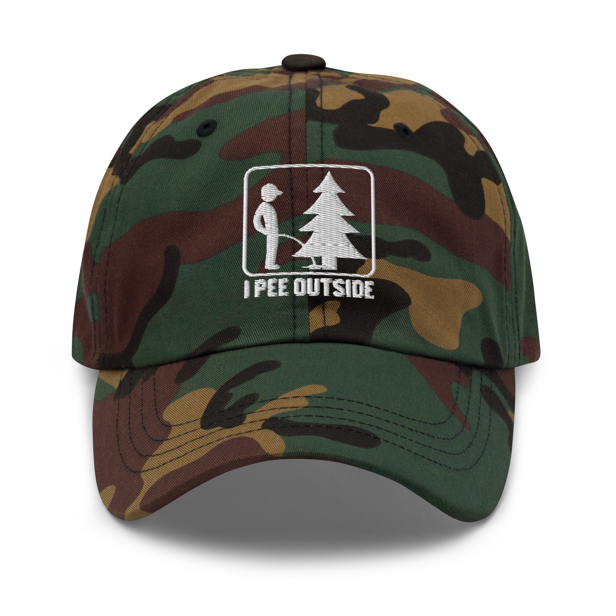 I Pee Outside embroidered green camo dad hat front view – funny hunting outdoor cap
