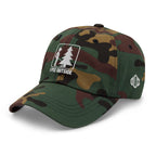 Green camo I Pee Outside dad hat left side view showing Outdoorz Hats logo embroidery