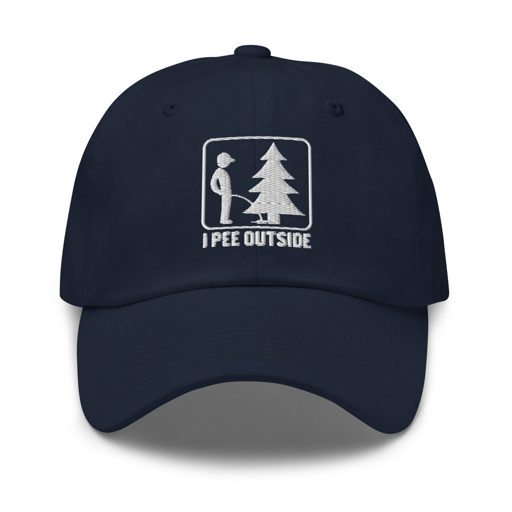 I Pee Outside embroidered navy dad hat front view – funny outdoor cap