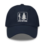 I Pee Outside embroidered navy dad hat front view – funny outdoor cap