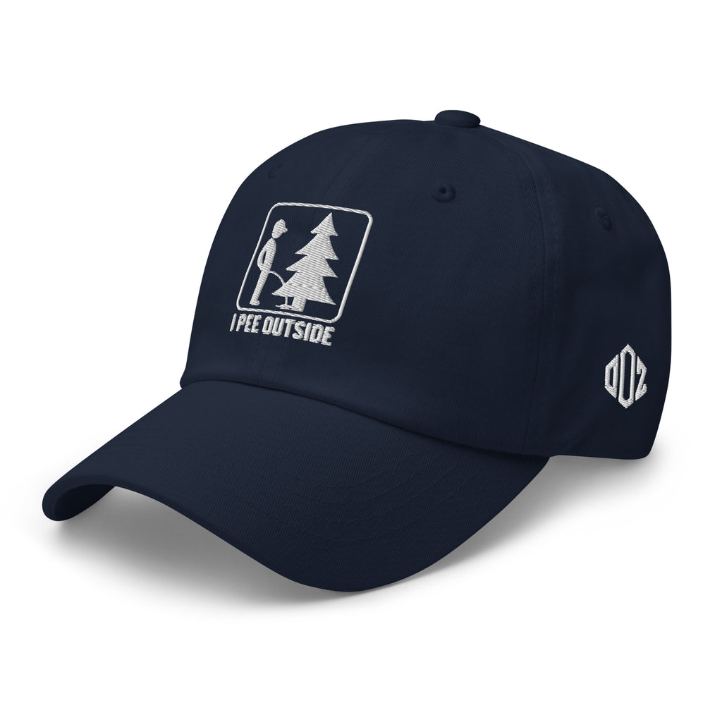 Navy I Pee Outside dad hat left side view showing Outdoorz Hats logo embroidery