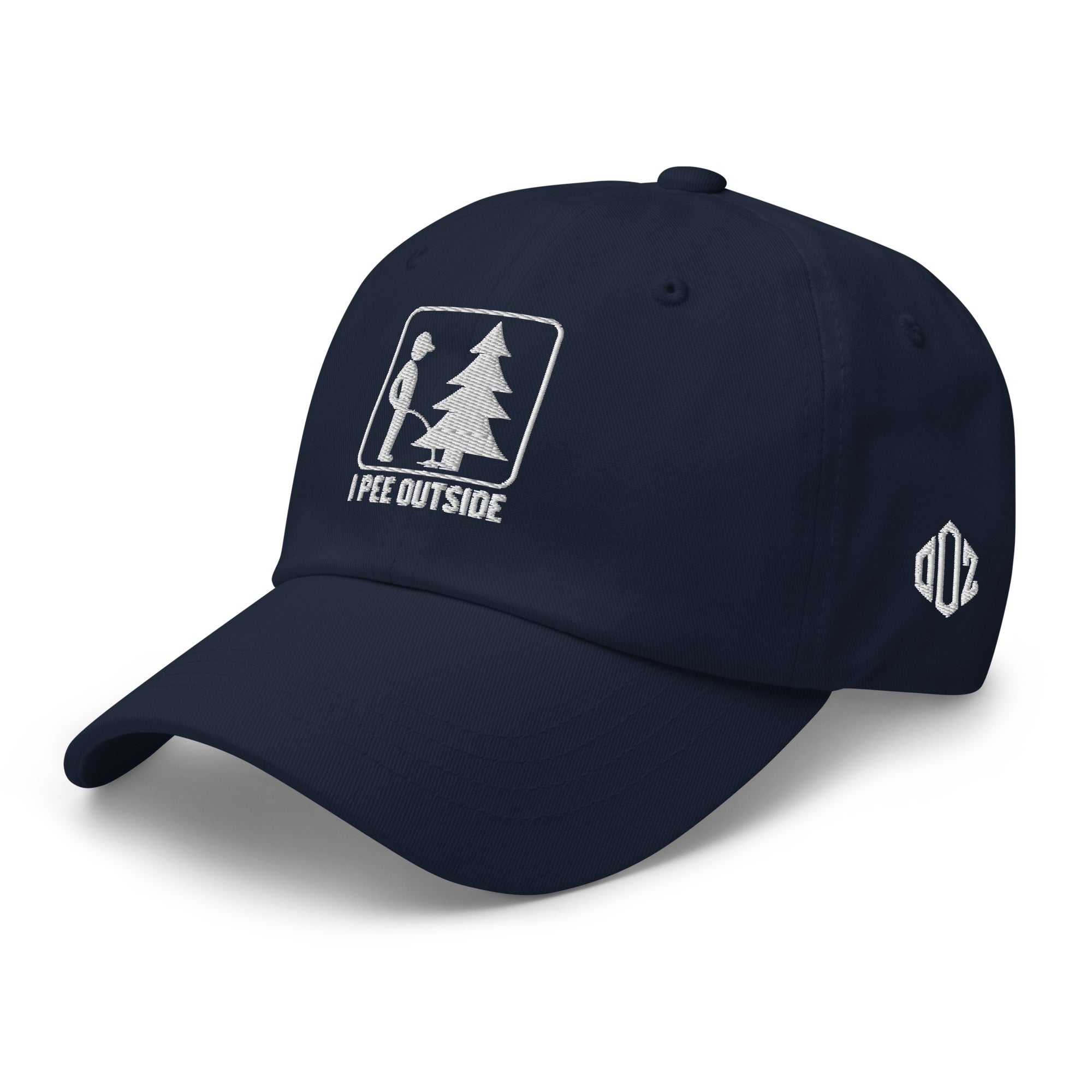 Navy I Pee Outside dad hat left side view showing Outdoorz Hats logo embroidery