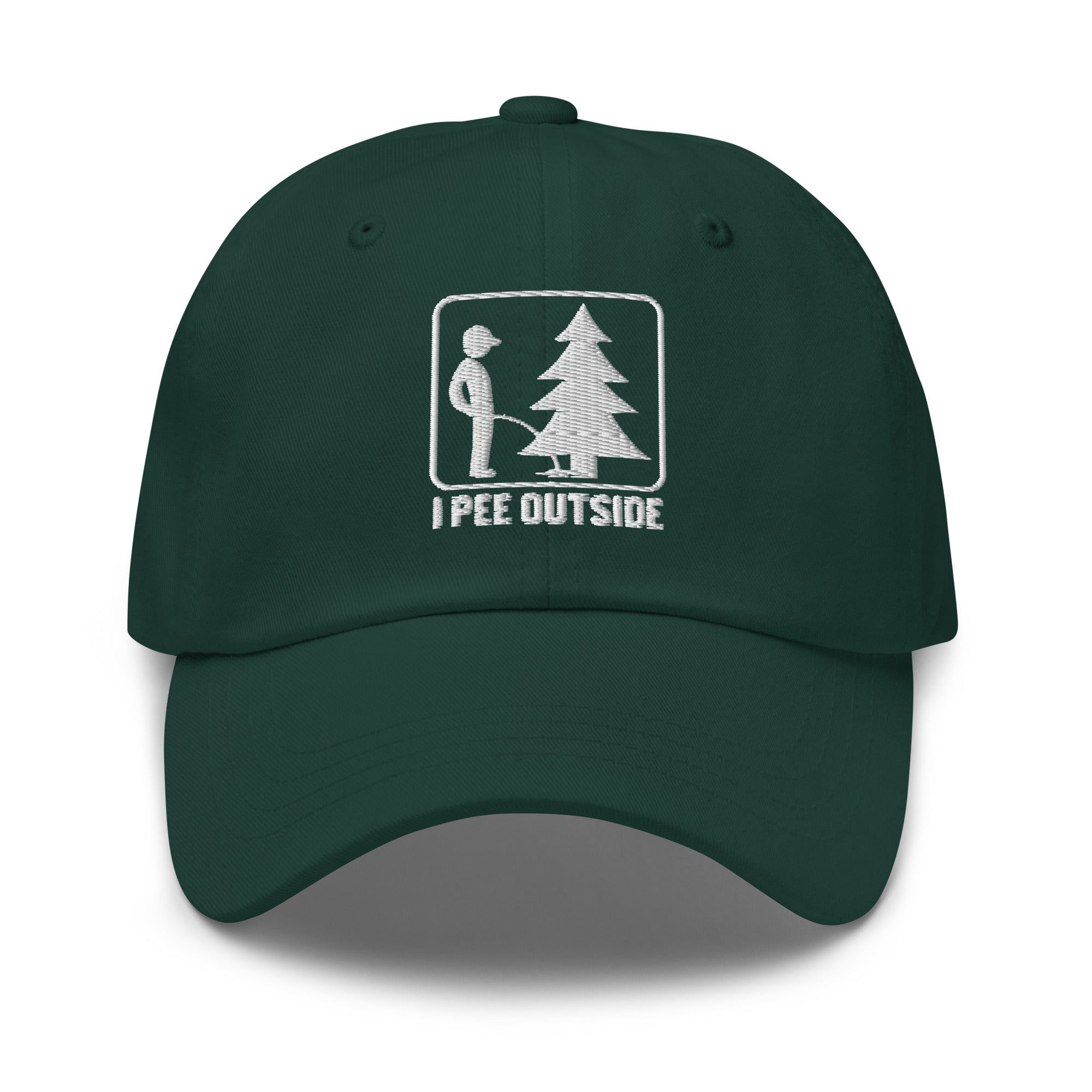 I Pee Outside embroidered spruce dad hat front view – funny outdoor cap