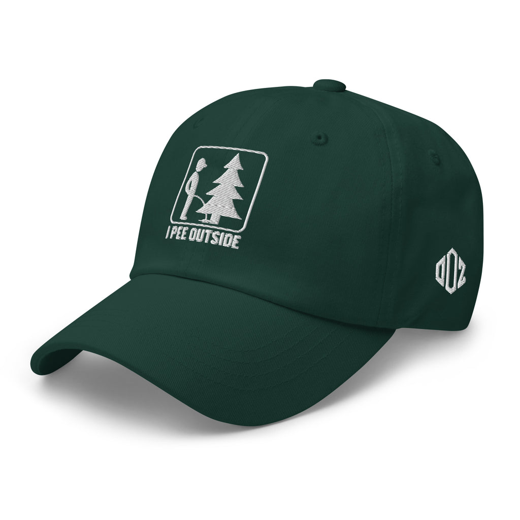 Spruce I Pee Outside dad hat left side view showing Outdoorz Hats logo embroidery