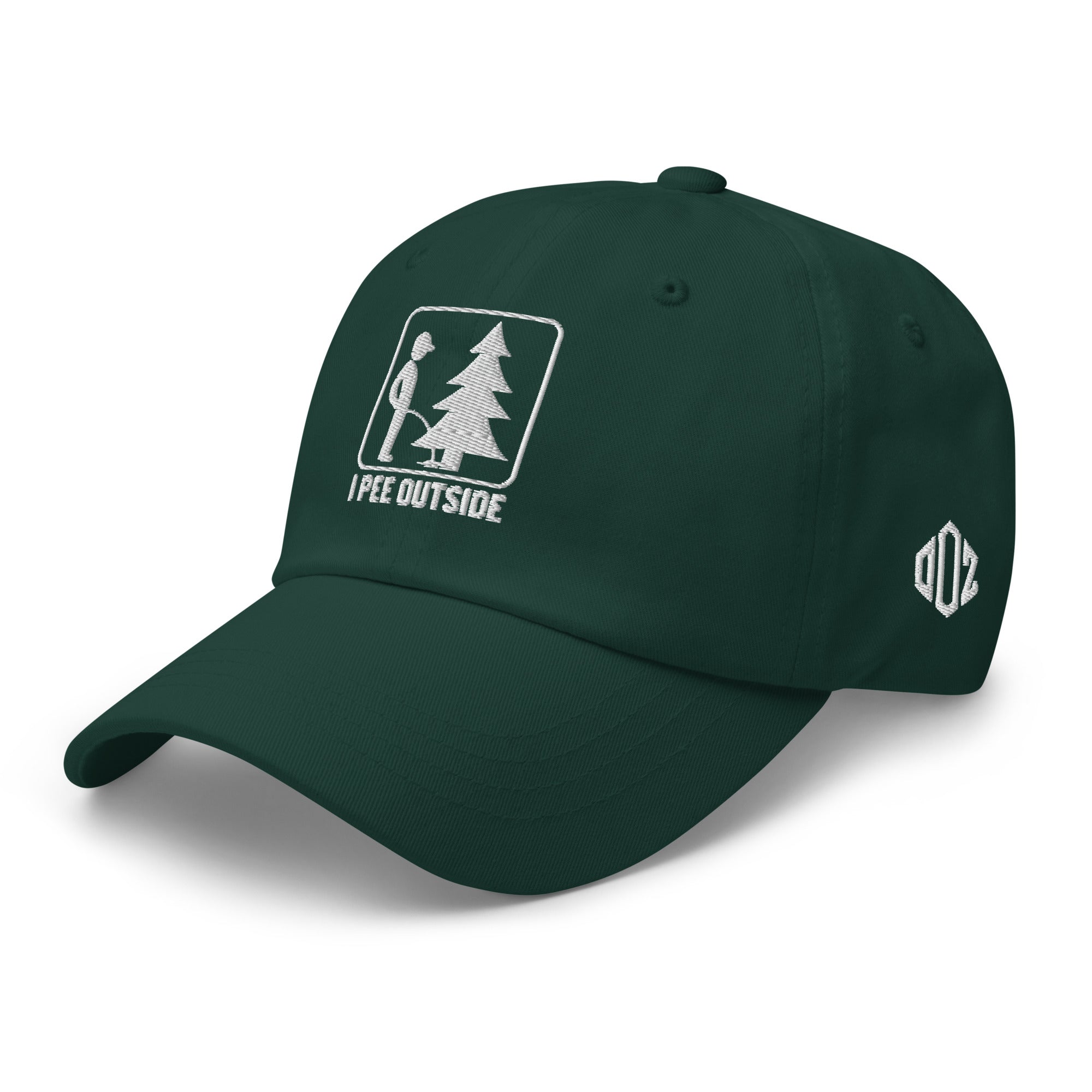 Spruce I Pee Outside dad hat left side view showing Outdoorz Hats logo embroidery