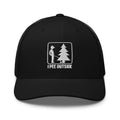 I Pee Outside embroidered black trucker hat front view – funny outdoor cap