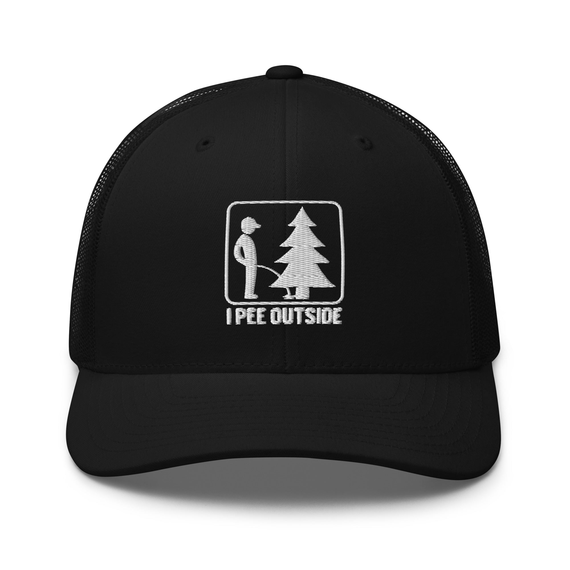 I Pee Outside embroidered black trucker hat front view – funny outdoor cap