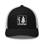 I Pee Outside embroidered black trucker hat white mesh front view – funny outdoor cap