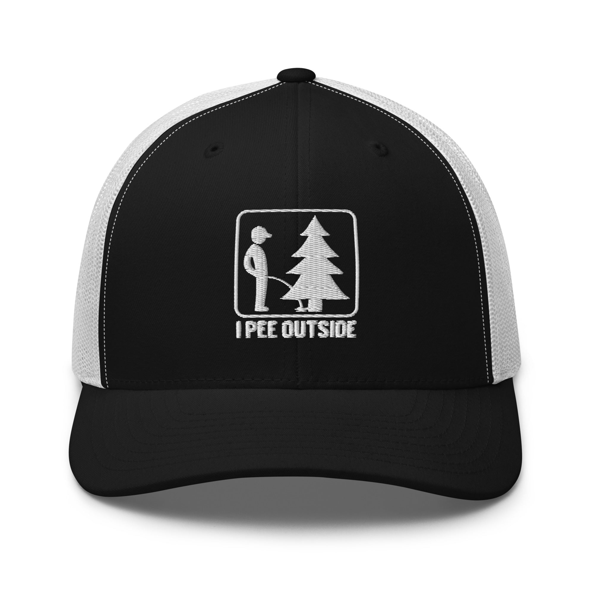 I Pee Outside embroidered black trucker hat white mesh front view – funny outdoor cap