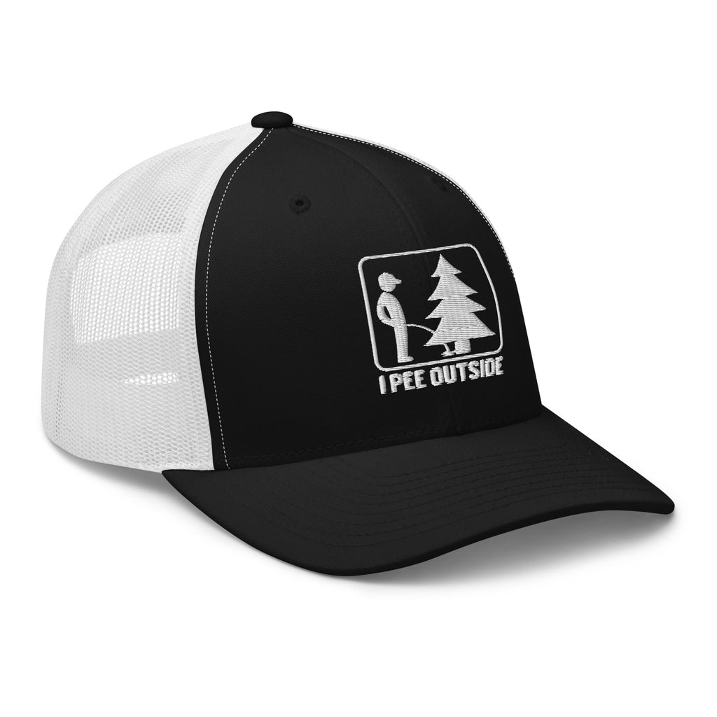 Black and white mesh I Pee Outside trucker hat side view – funny embroidered cap