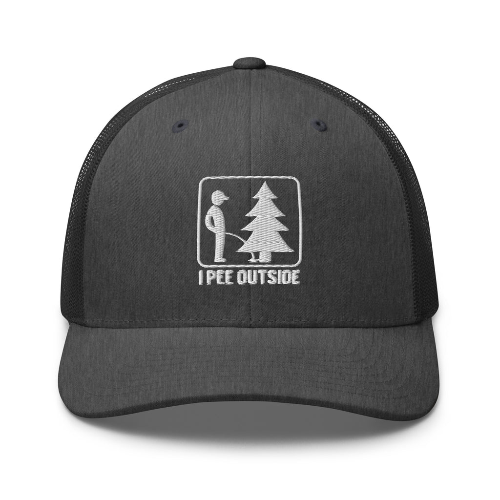 I Pee Outside embroidered dark gray heather trucker hat front view – funny outdoor cap