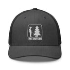 I Pee Outside embroidered dark gray heather trucker hat front view – funny outdoor cap