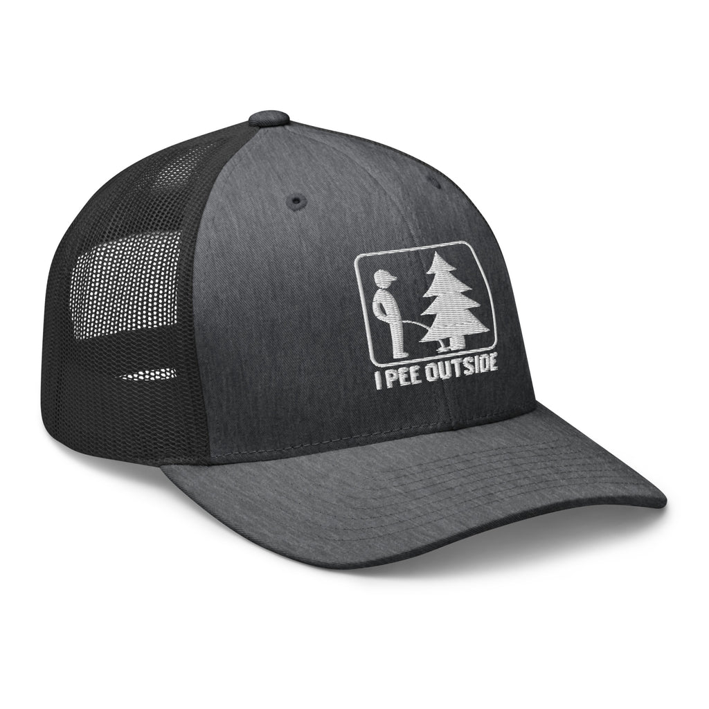 Dark gray heather I Pee Outside trucker hat side view – funny embroidered cap
