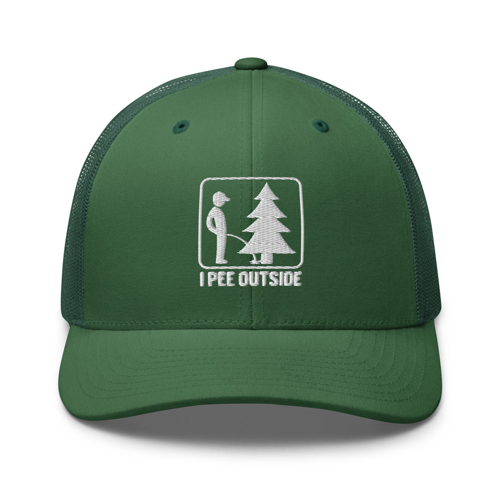 I Pee Outside embroidered evergreen trucker hat front view – funny outdoor cap