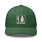 I Pee Outside embroidered evergreen trucker hat front view – funny outdoor cap