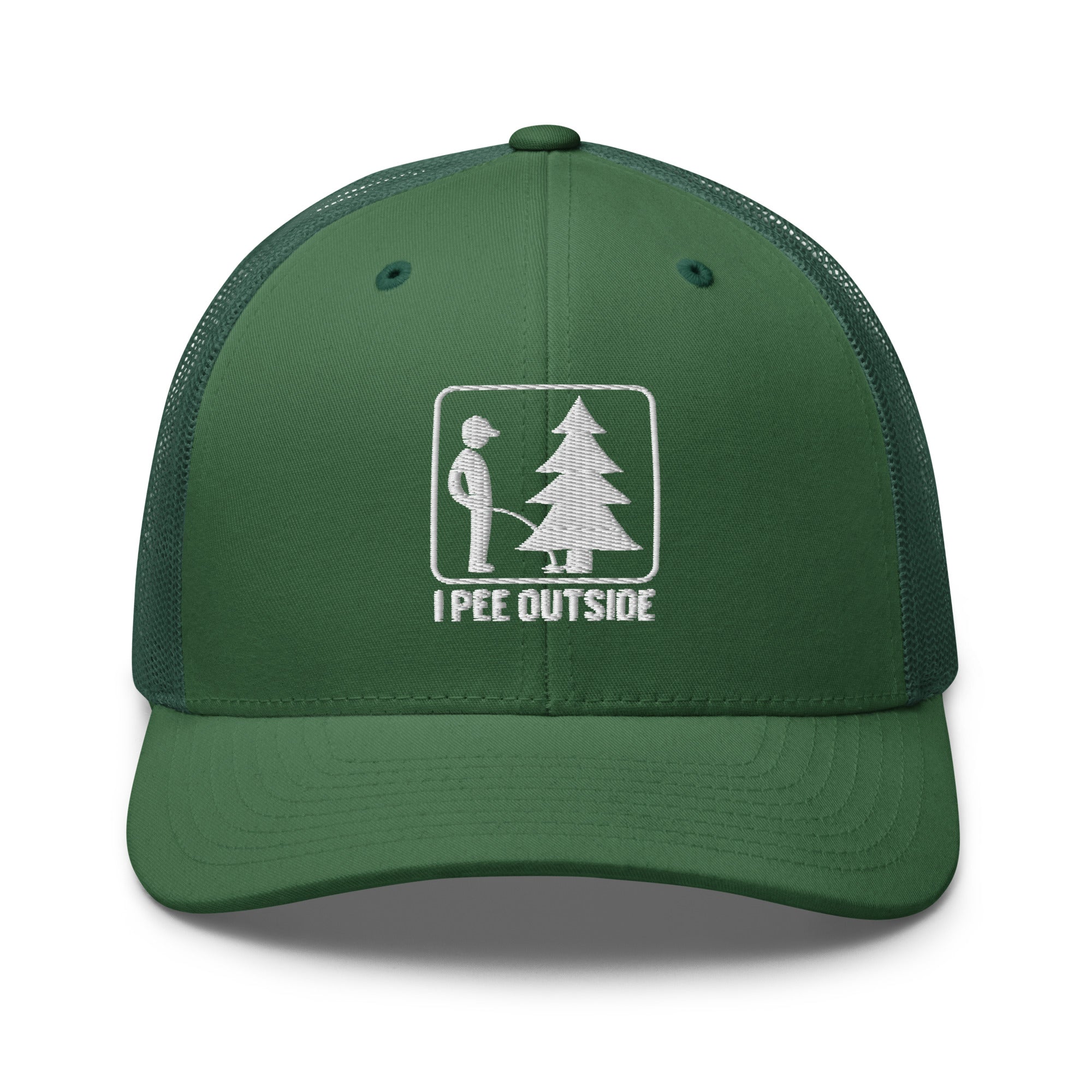 I Pee Outside embroidered evergreen trucker hat front view – funny outdoor cap