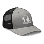 Heather and black mesh I Pee Outside trucker hat side view – funny embroidered cap