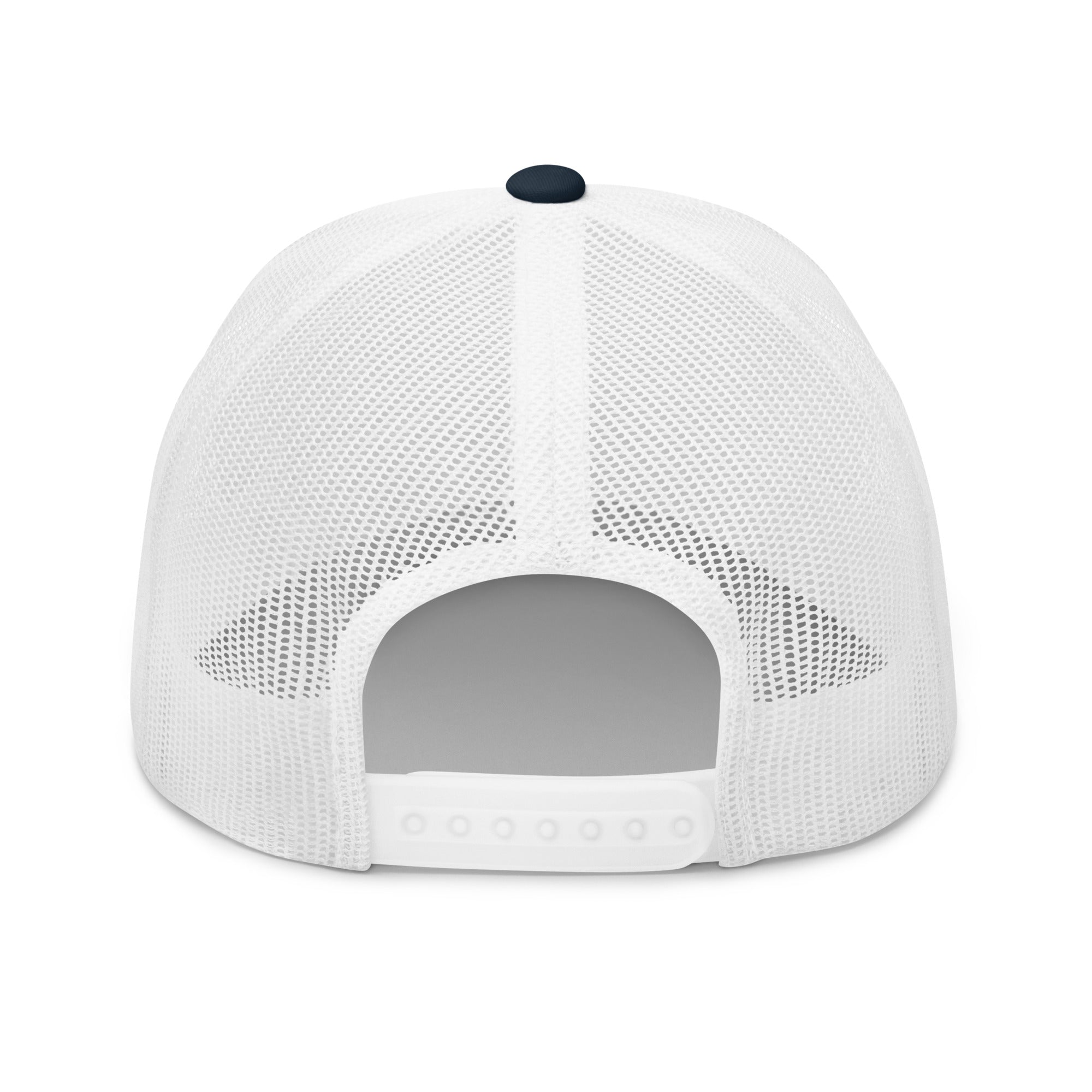 I Pee Outside navy white mesh trucker hat back view – adjustable snapback