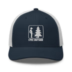 I Pee Outside embroidered navy trucker hat white mesh front view – funny outdoor cap
