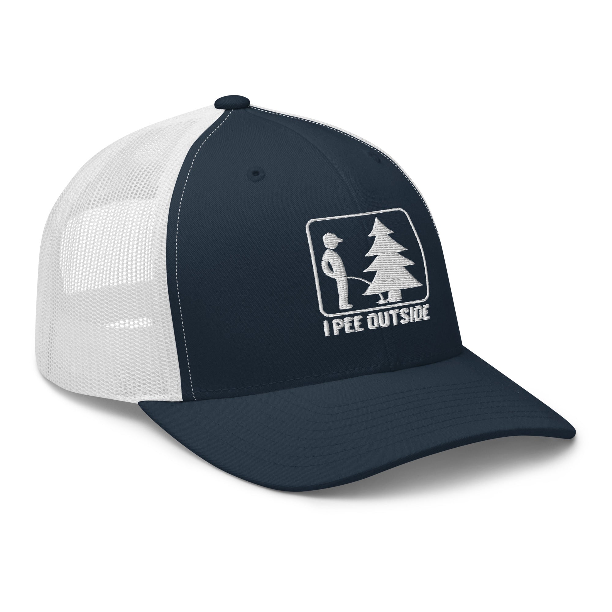 Navy and white mesh I Pee Outside trucker hat side view – funny embroidered cap