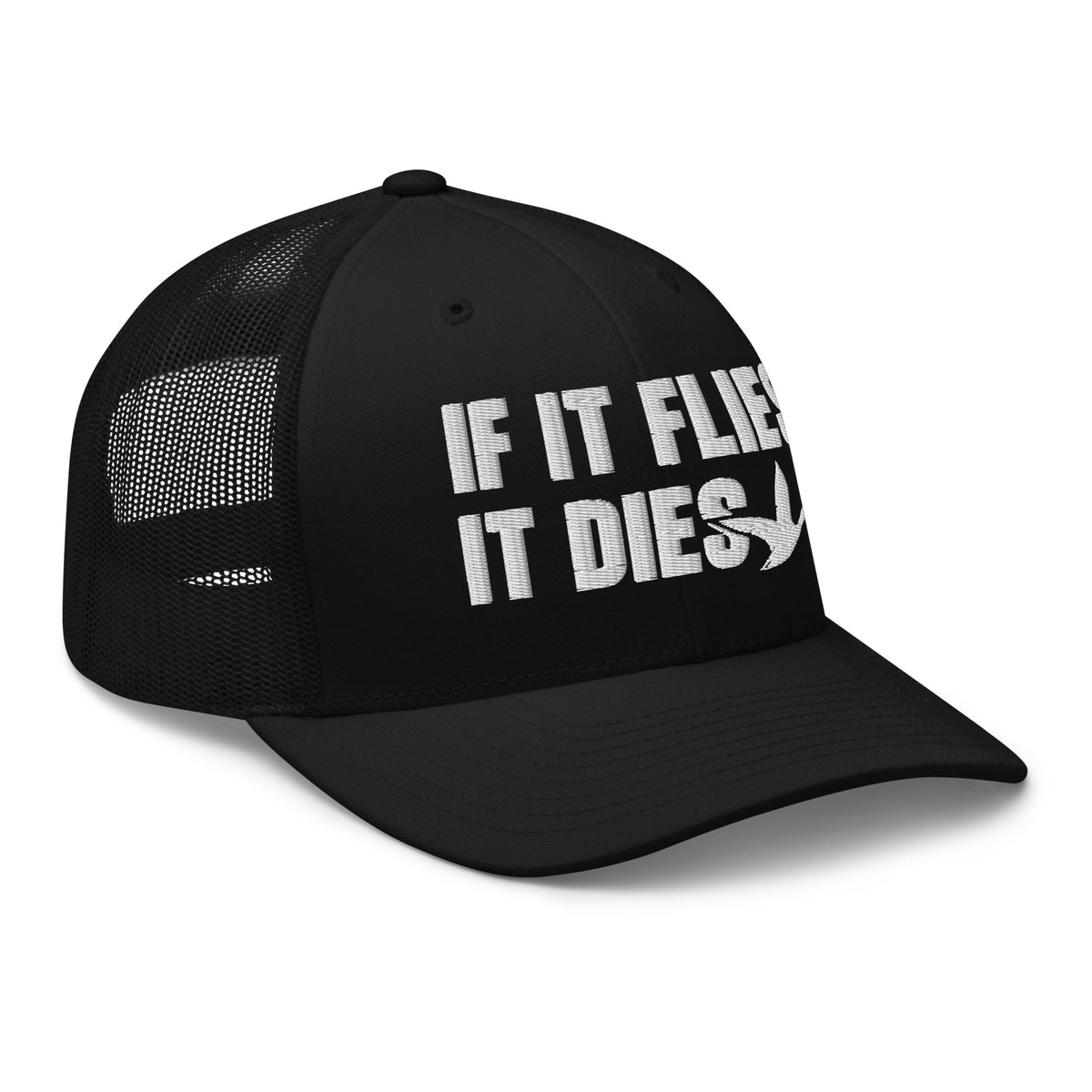 Black If It Flies It Dies trucker hat side view – funny duck hunting cap