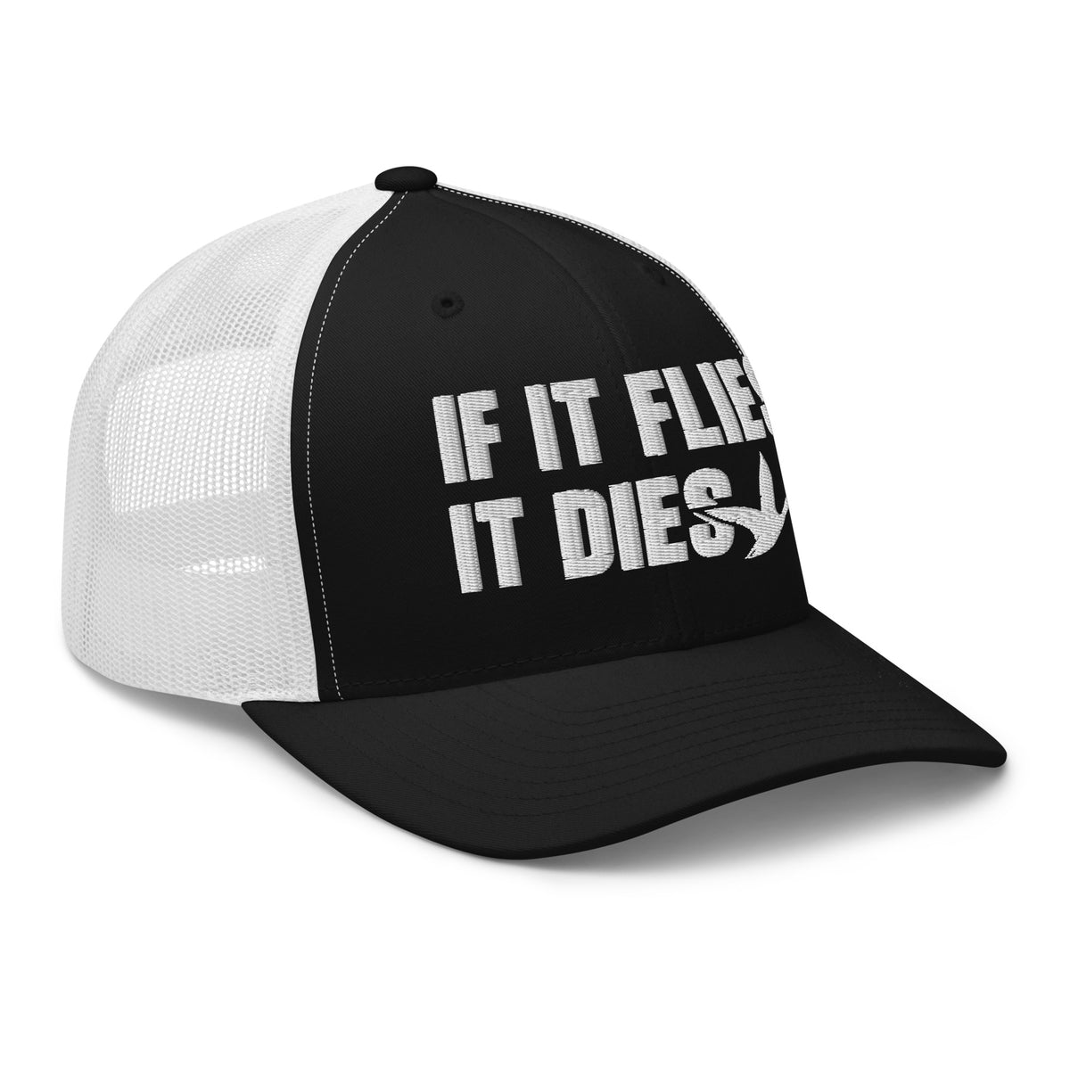 Black and white mesh If It Flies It Dies trucker hat side view – funny duck hunting cap