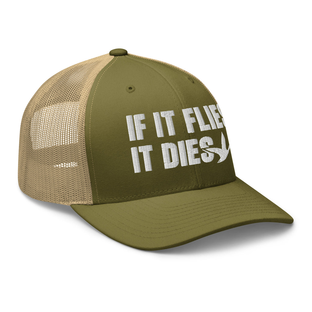 Moss and khaki mesh If It Flies It Dies trucker hat side view – funny duck hunting cap