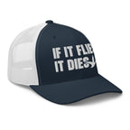Navy and white mesh If It Flies It Dies trucker hat side view – funny duck hunting cap