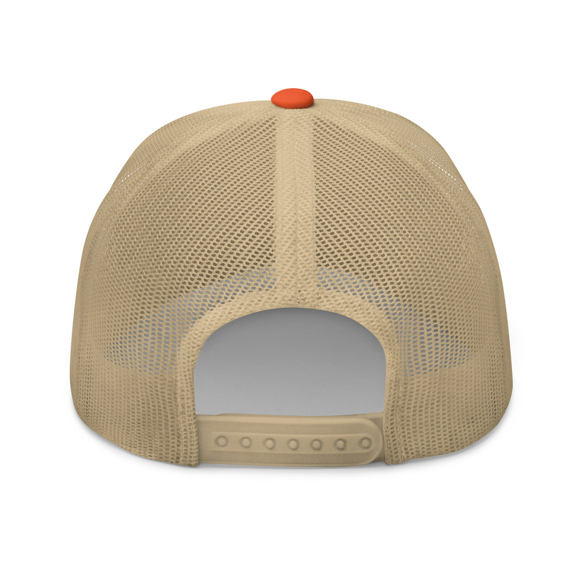 If It Flies It Dies rustic orange trucker hat khaki mesh back view – adjustable snapback closure