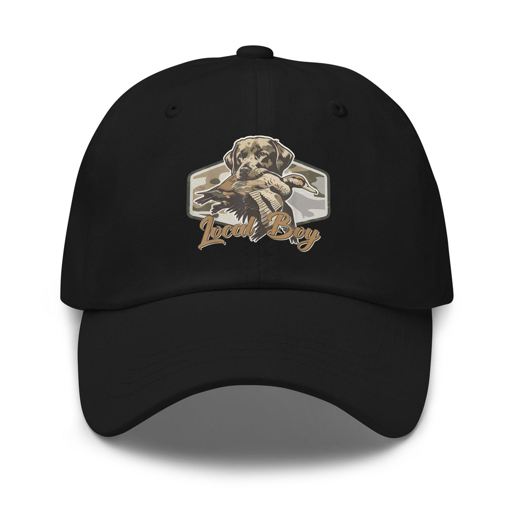 Local Boy printed black dad hat front view – duck hunting outdoor cap