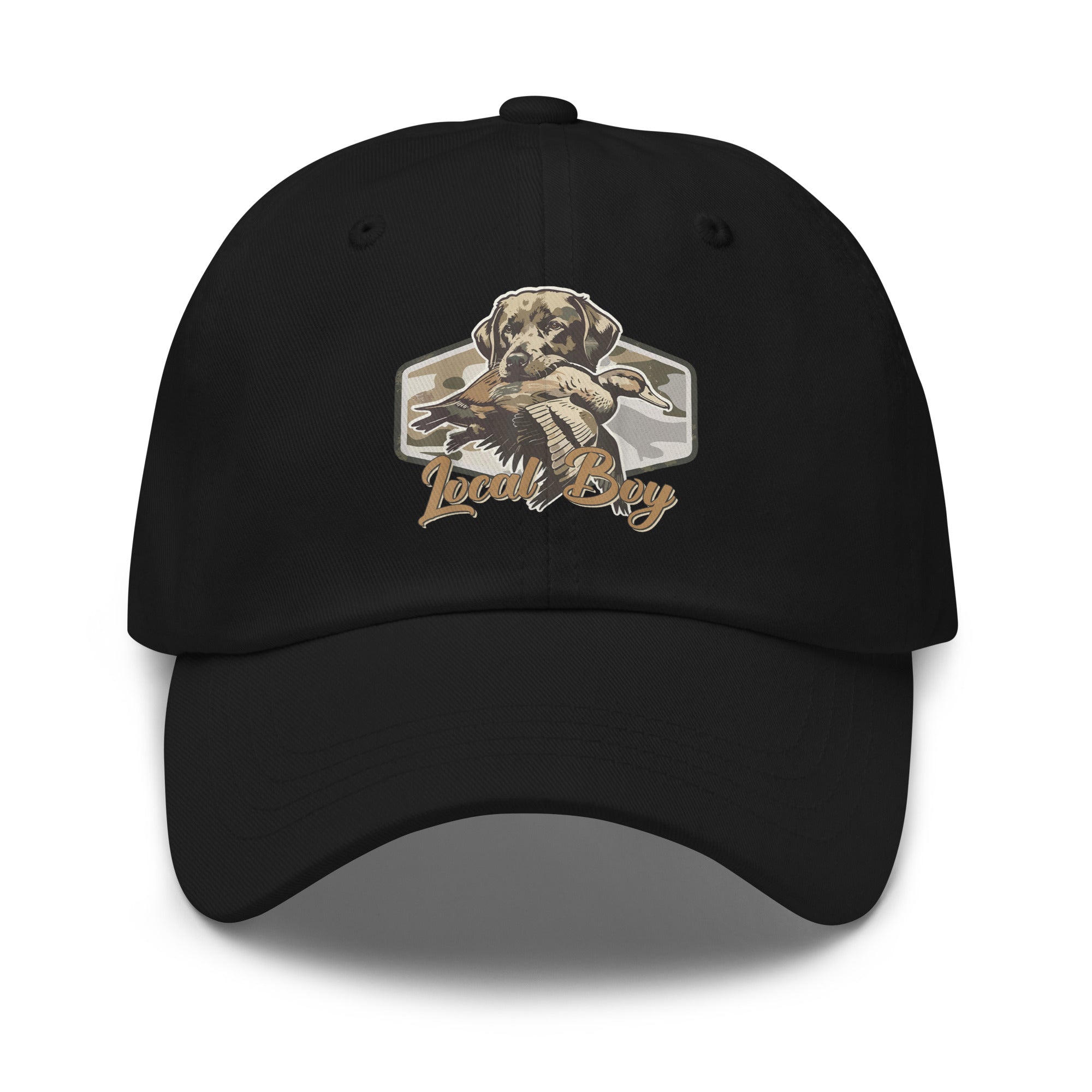 Local Boy printed black dad hat front view – duck hunting outdoor cap