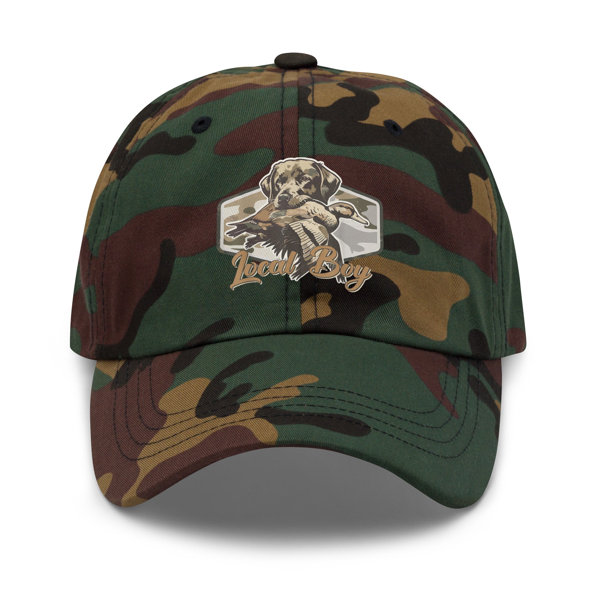 Local Boy printed green camo dad hat front view – duck hunting outdoor cap