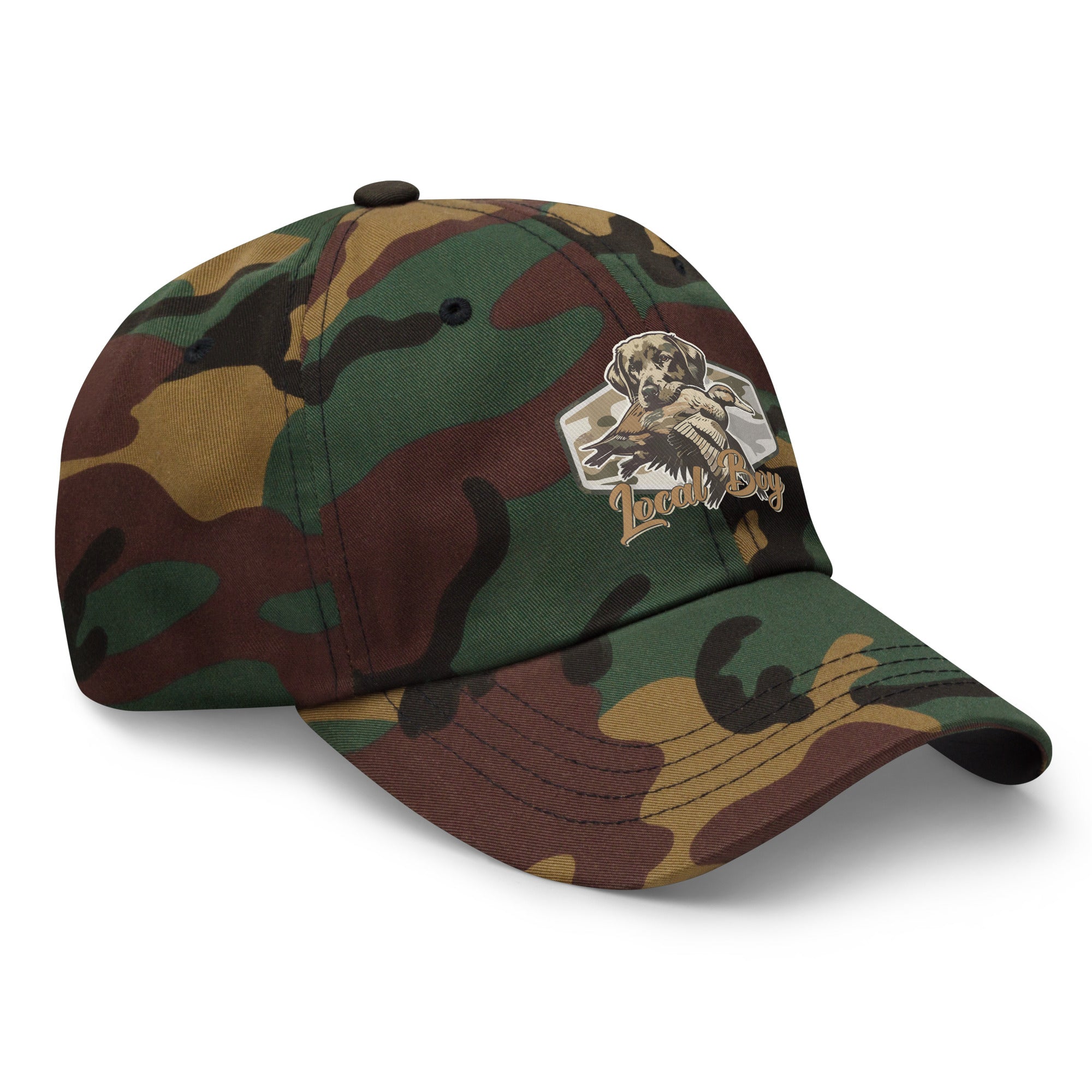 Green camo Local Boy dad hat side view – duck hunting outdoor cap