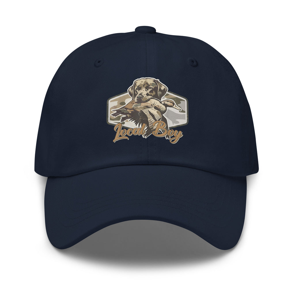 Local Boy printed navy dad hat front view – duck hunting outdoor cap
