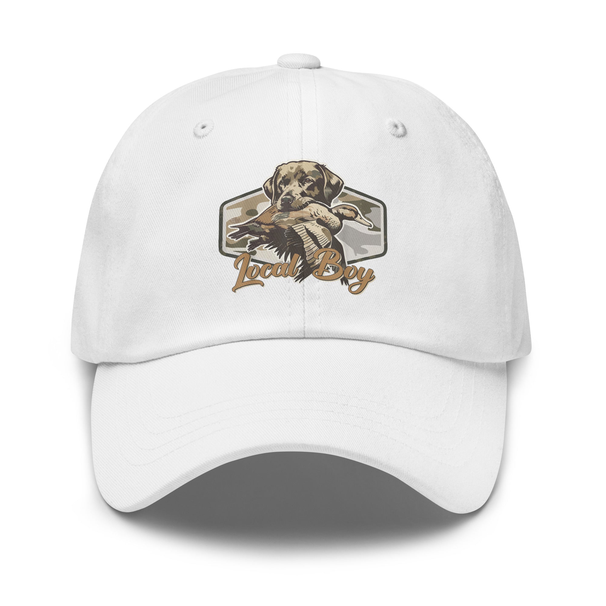 Local Boy printed white dad hat front view – duck hunting outdoor cap