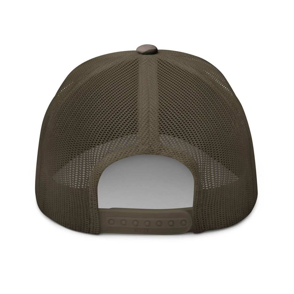 Local boy hunting dog camo trucker hat back view – adjustable plastic snapback closure