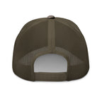 Local boy hunting dog camo trucker hat back view – adjustable plastic snapback closure