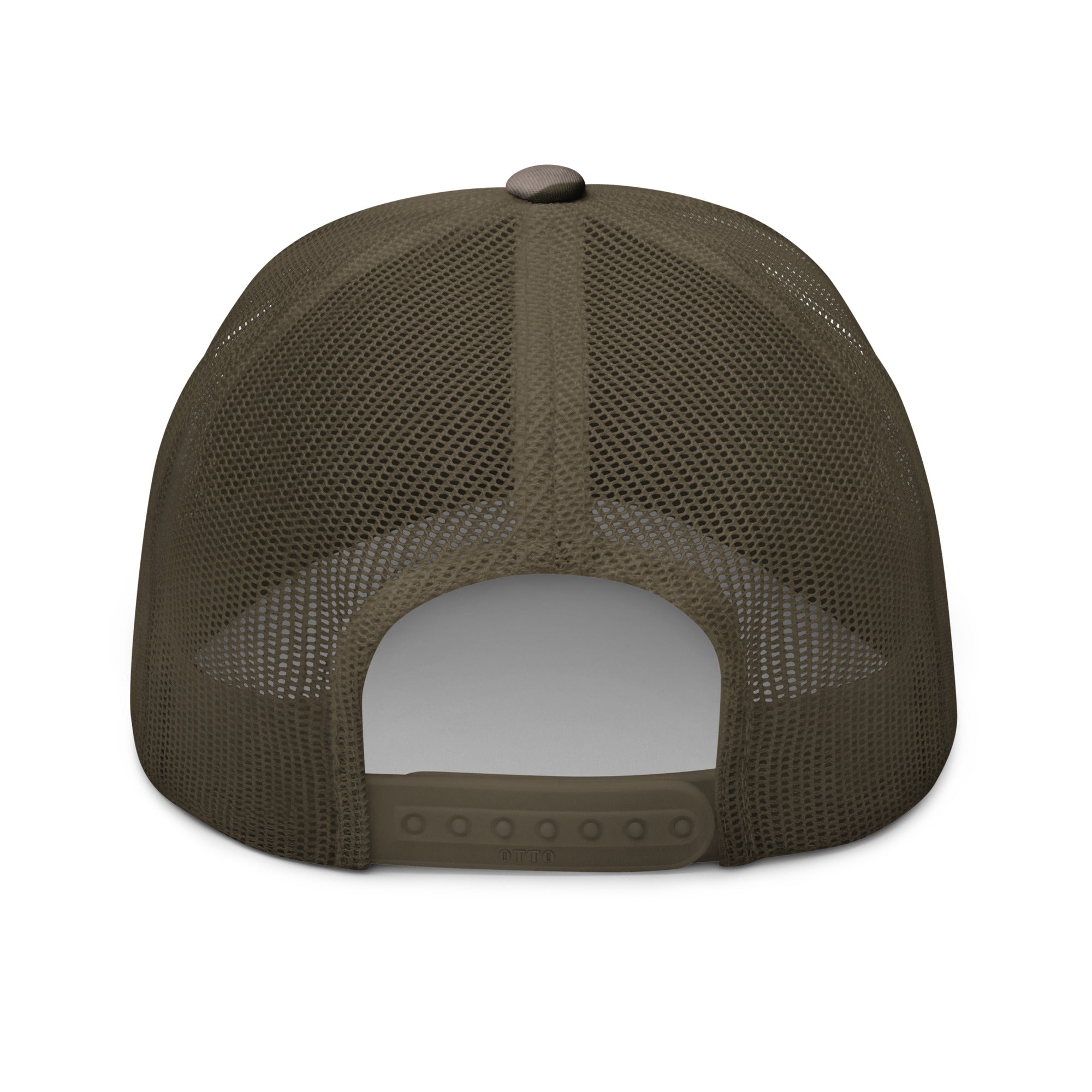 Local boy hunting dog camo trucker hat back view – adjustable plastic snapback closure