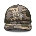 Local boy hunting dog camo trucker hat front view – duck hunting snapback cap