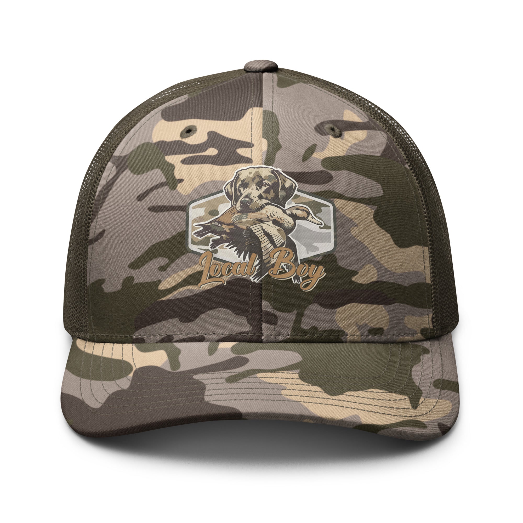 Local boy hunting dog camo trucker hat front view – duck hunting snapback cap