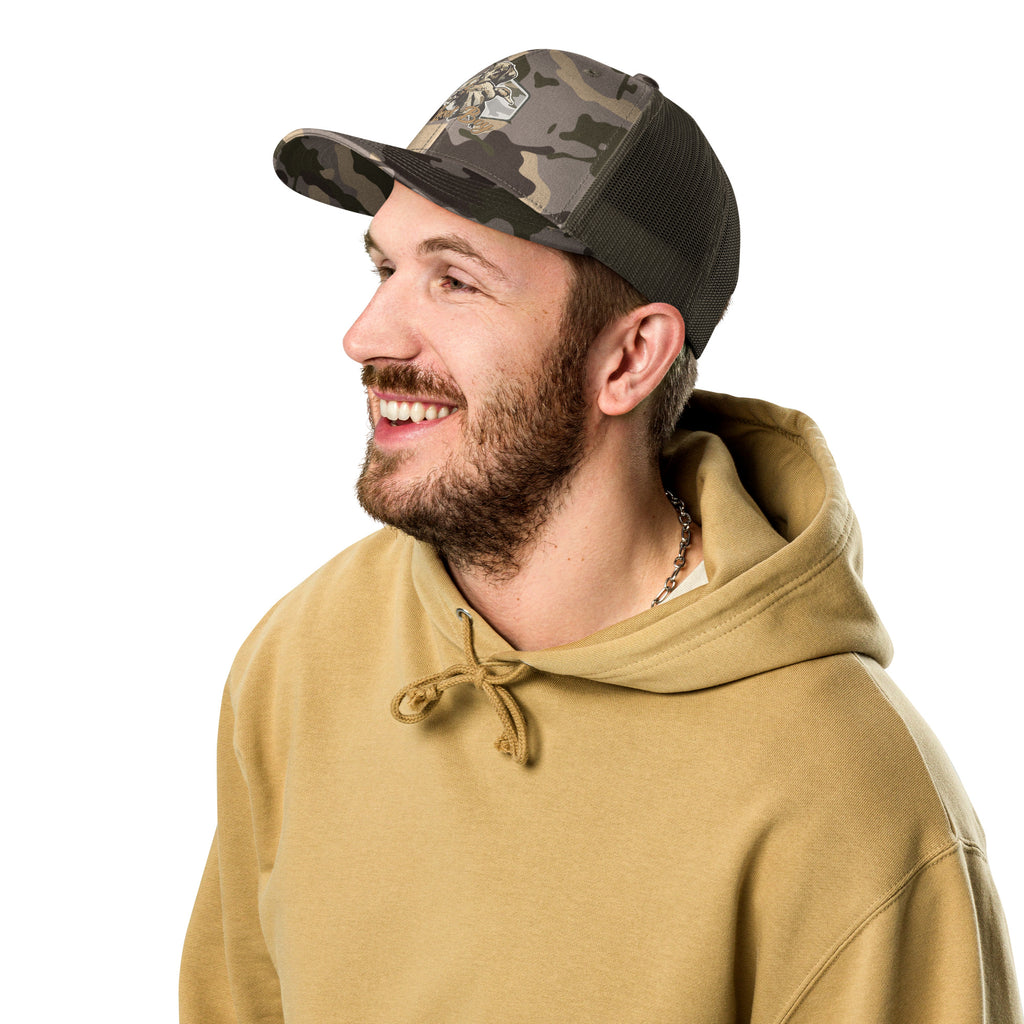 Man wearing local boy hunting dog camo trucker hat – duck hunting cap