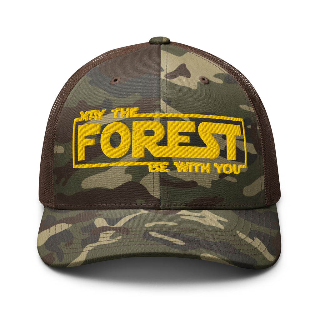May the Forest Be With You embroidered camo trucker hat front view – funny hiking outdoor cap