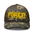 May the Forest Be With You embroidered camo trucker hat front view – funny hiking outdoor cap