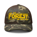 May the Forest Be With You embroidered camo trucker hat front view – funny hiking outdoor cap