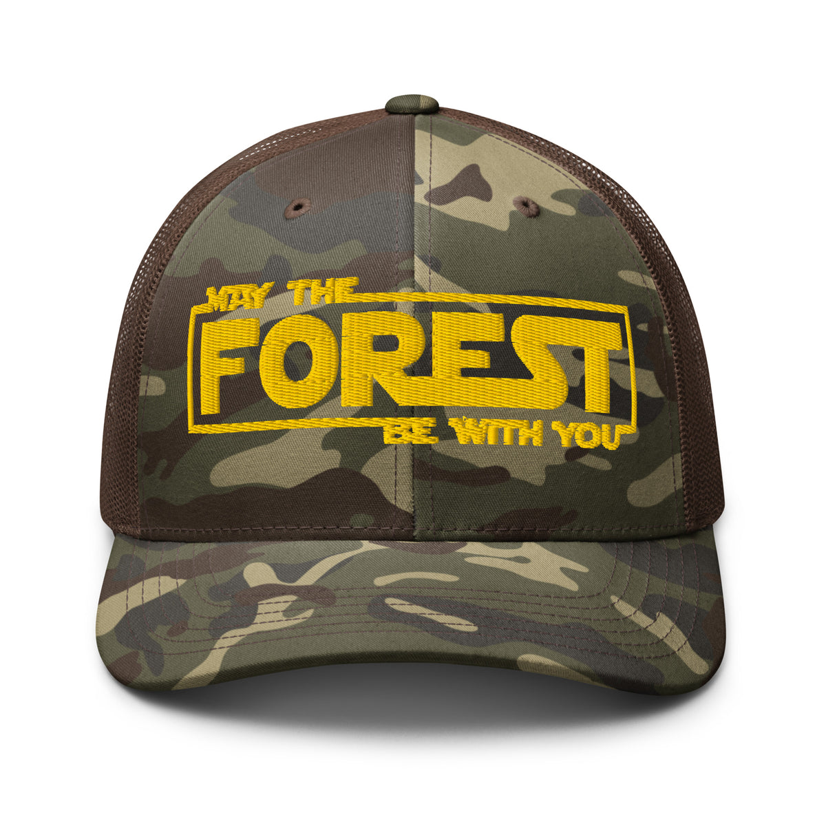 May the Forest Be With You embroidered camo trucker hat front view – funny hiking outdoor cap