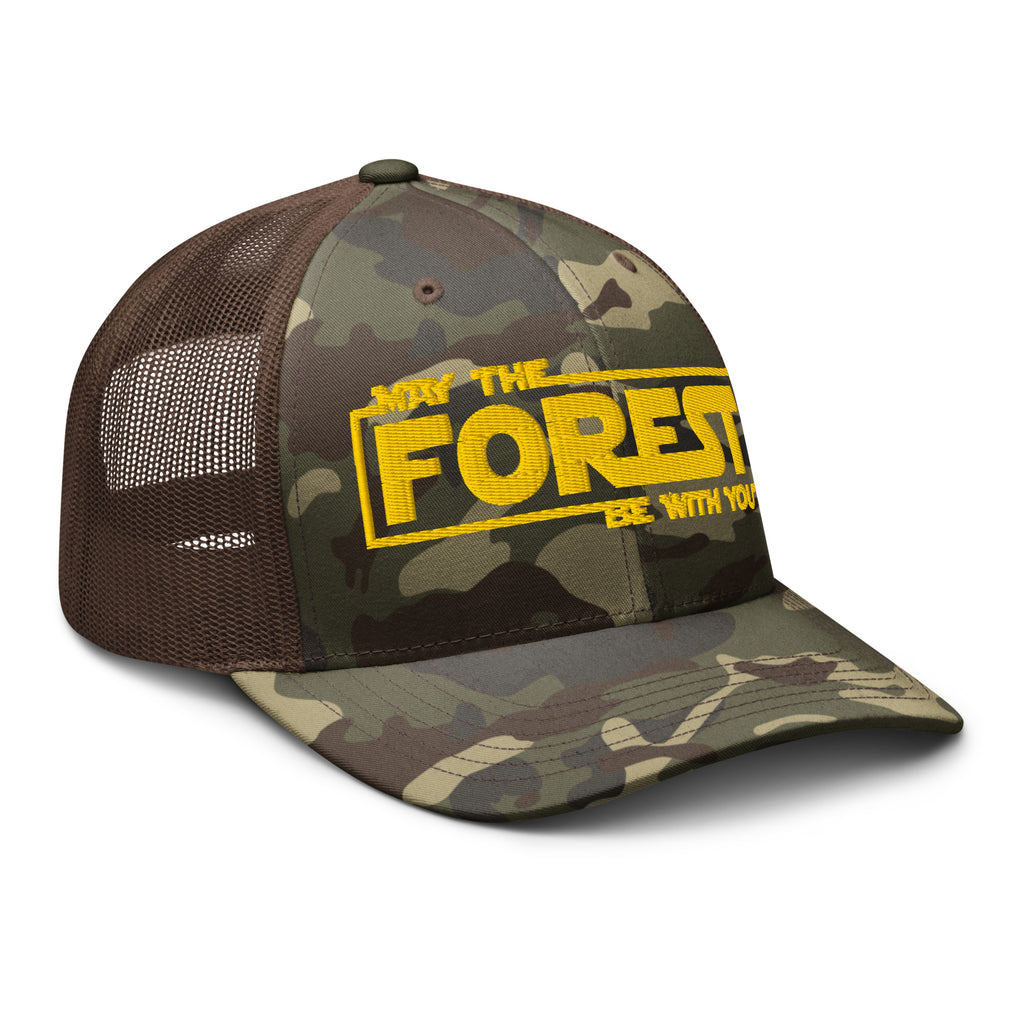 May the Forest Be With You camo trucker hat side view – embroidered outdoor cap for hikers and campers
