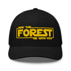 May the Forest Be With You embroidered black trucker hat front view – funny hiking cap