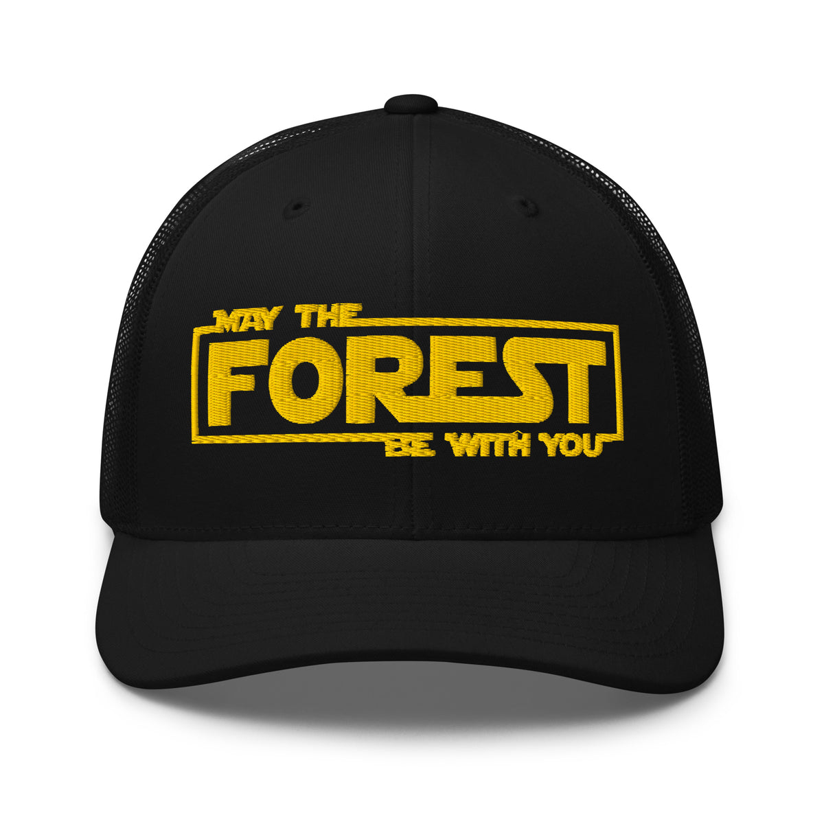 May the Forest Be With You embroidered black trucker hat front view – funny hiking cap