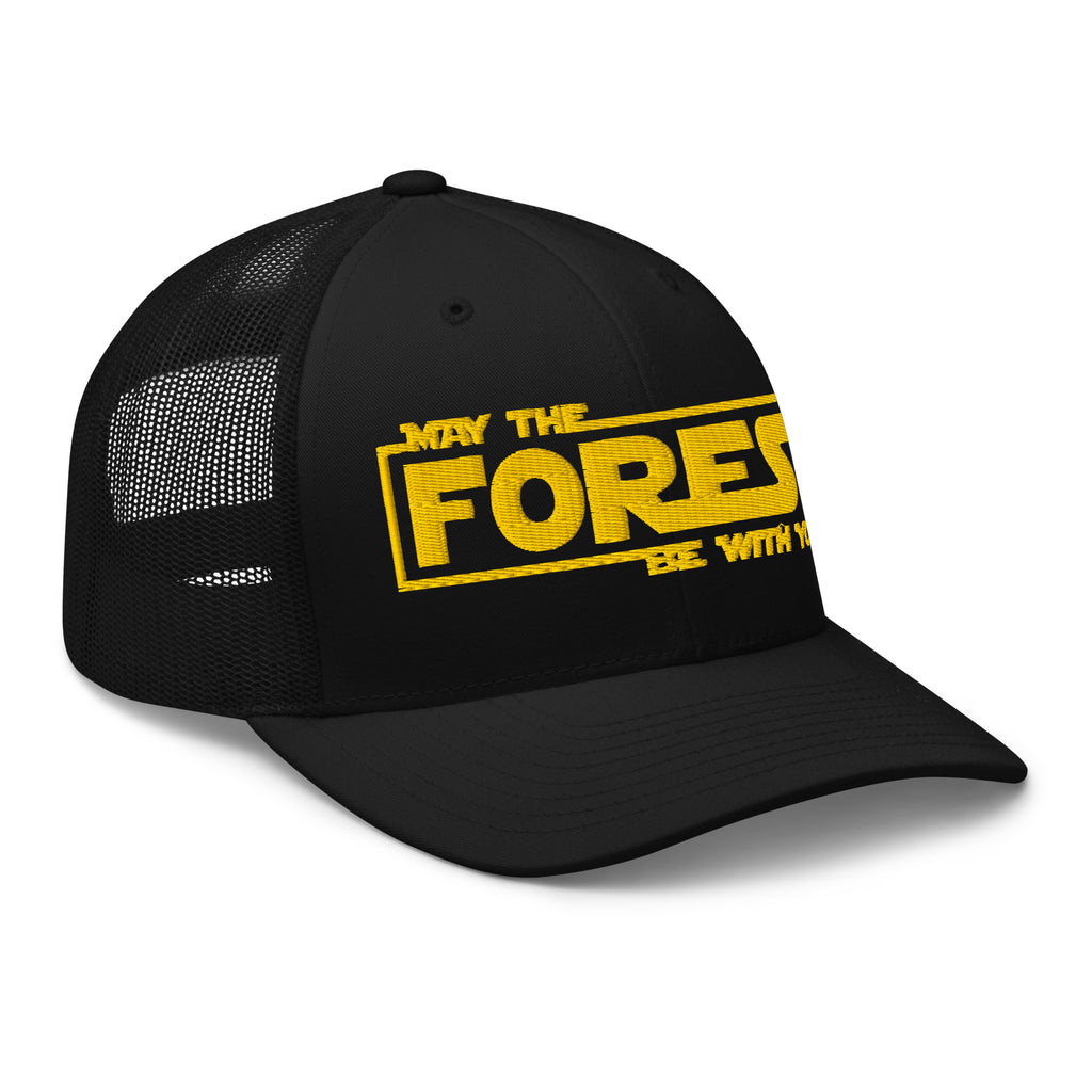 Black May the Forest Be With You trucker hat side view – funny outdoor cap for hikers and campers