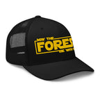 Black May the Forest Be With You trucker hat side view – funny outdoor cap for hikers and campers